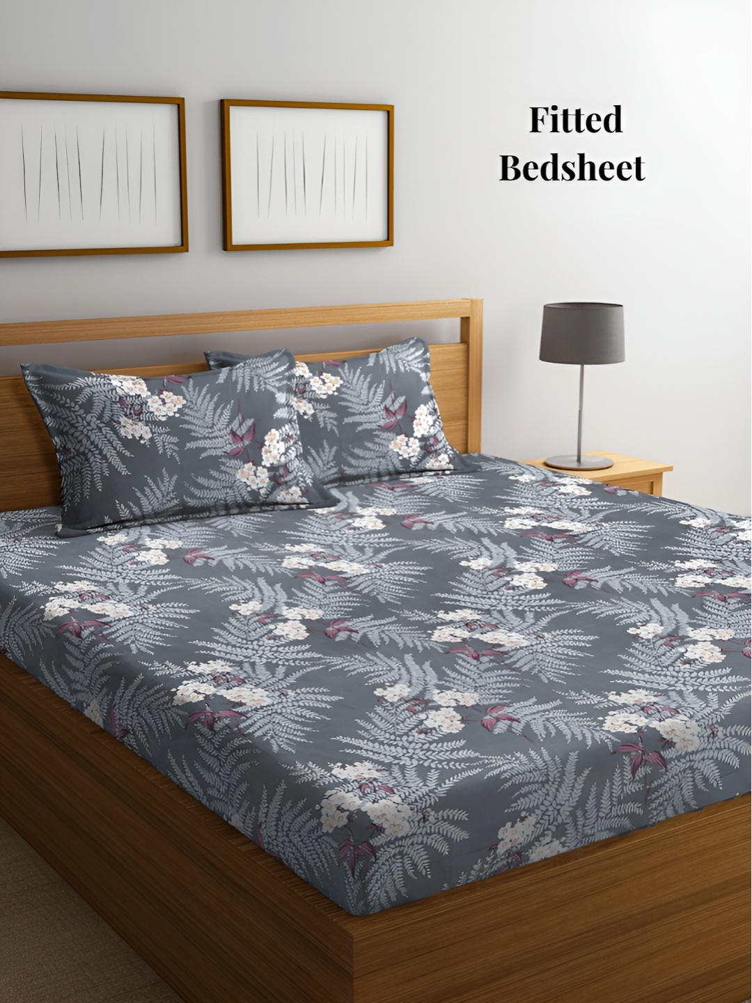 Arrabi Grey & White Floral 300 TC Fitted King Bedsheet with 2 Pillow Covers
