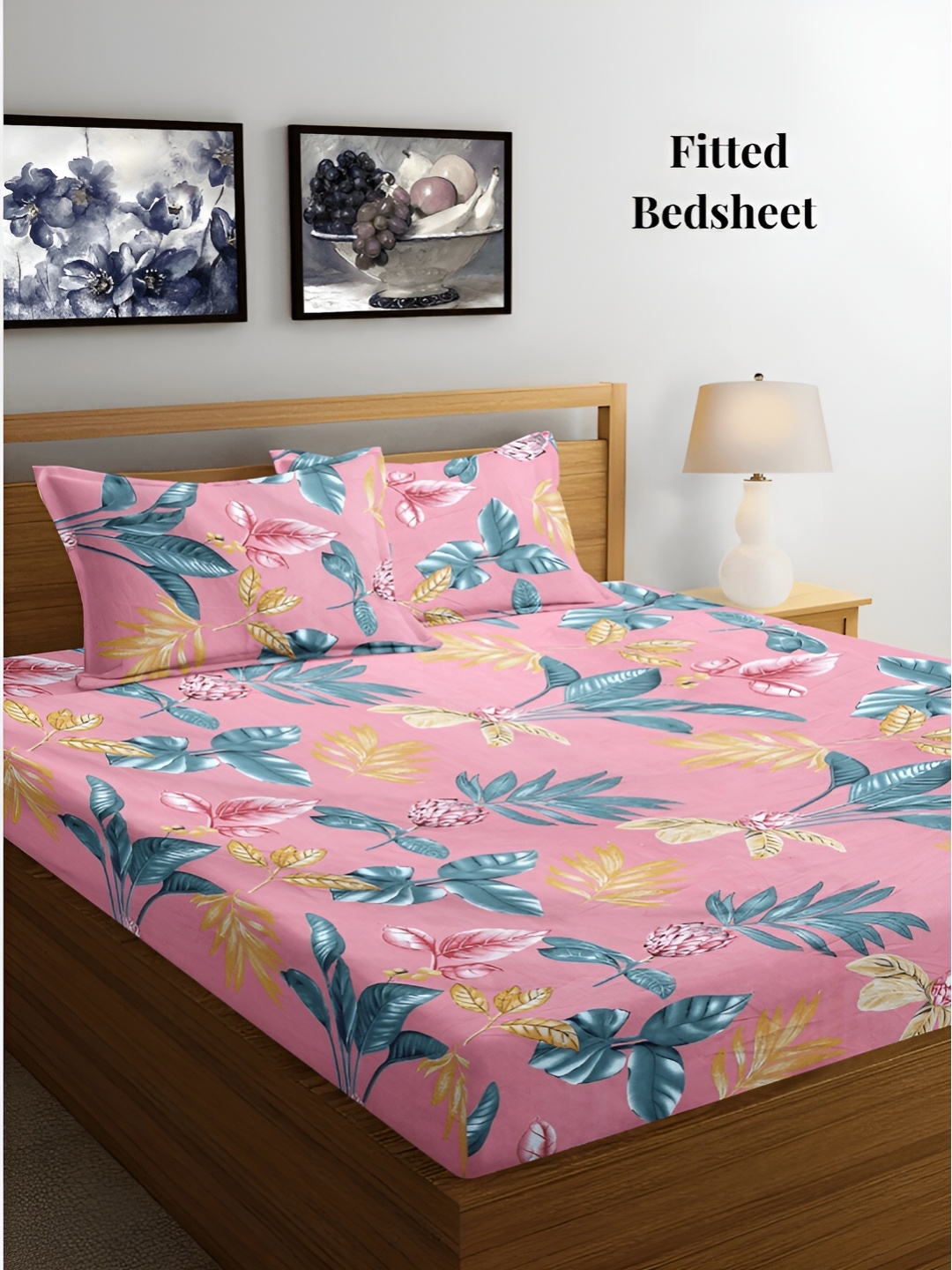 

Arrabi Pink & Green Floral 300 TC Fitted King Bedsheet with 2 Pillow Covers