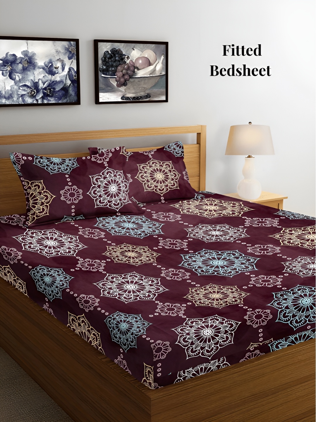Arrabi Violet & Blue Floral 300 TC Fitted King Bedsheet with 2 Pillow Covers