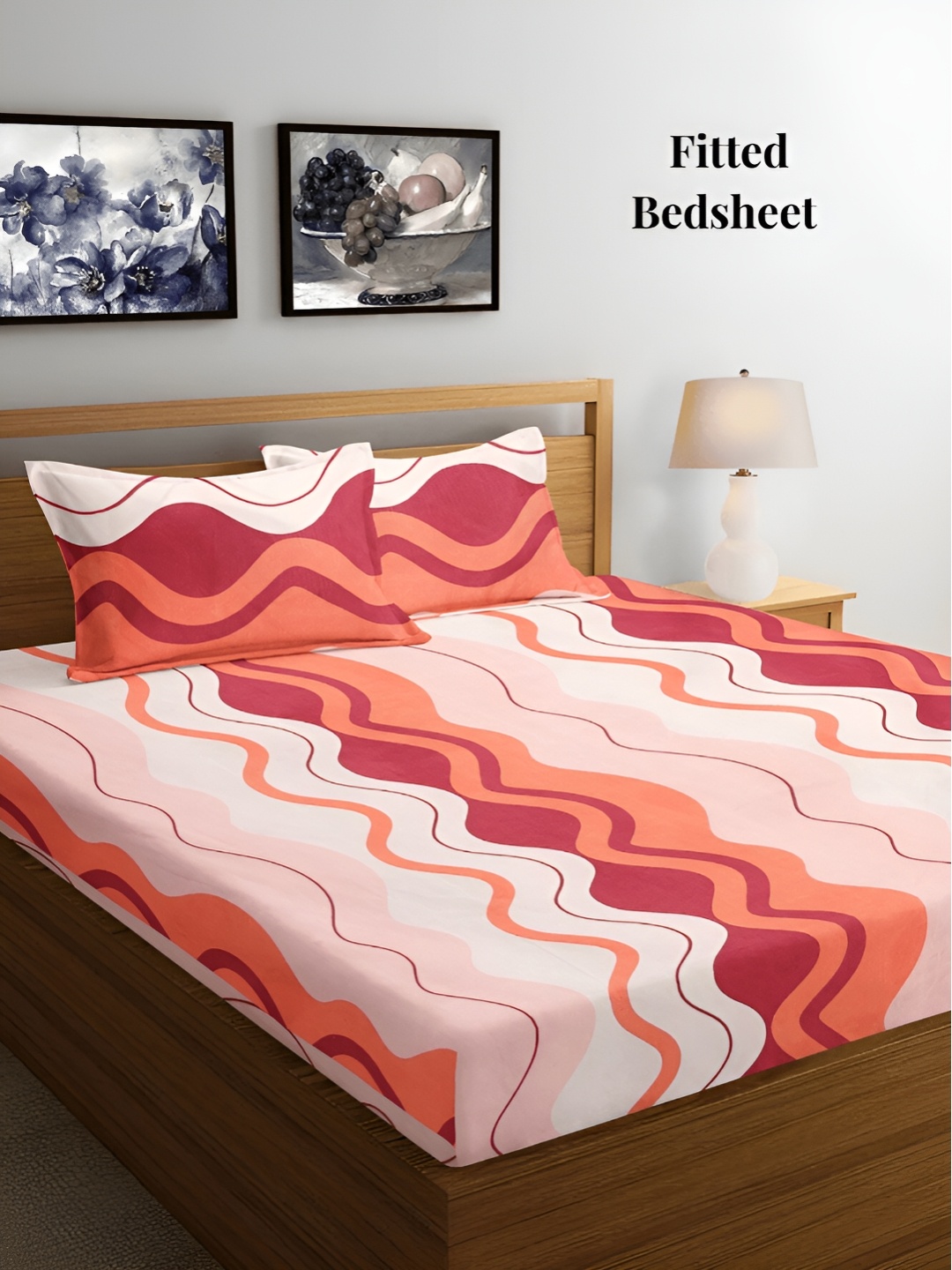 Arrabi Pink & White Striped 300 TC Fitted King Bedsheet with 2 Pillow Covers