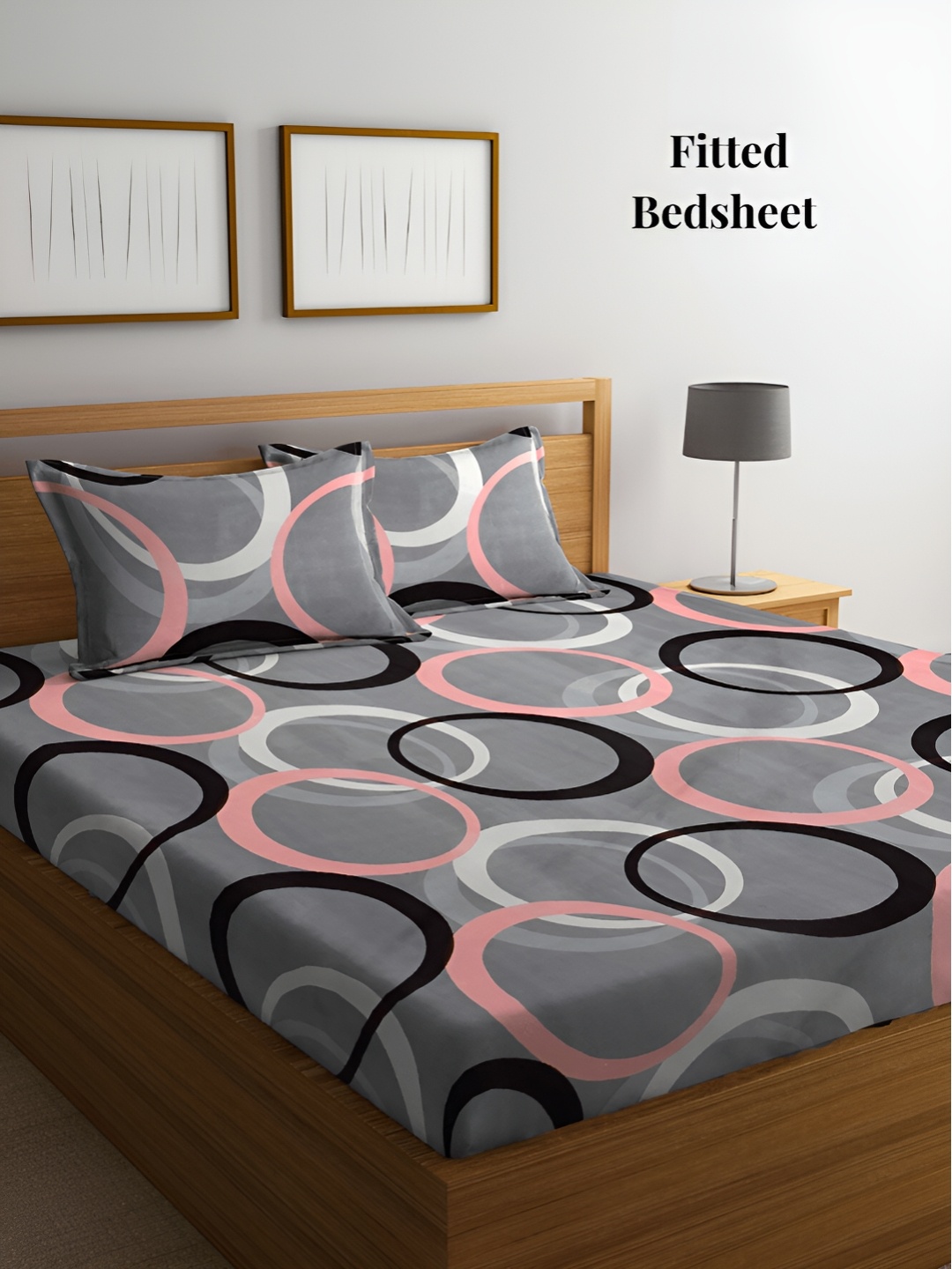 

Arrabi Grey & Pink Geometric 300 TC Fitted King Bedsheet with 2 Pillow Covers