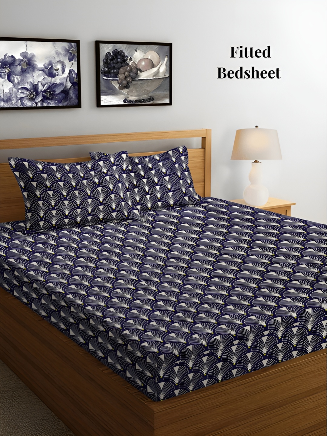 

Arrabi Blue & White Geometric 300 TC Fitted King Bedsheet with 2 Pillow Covers