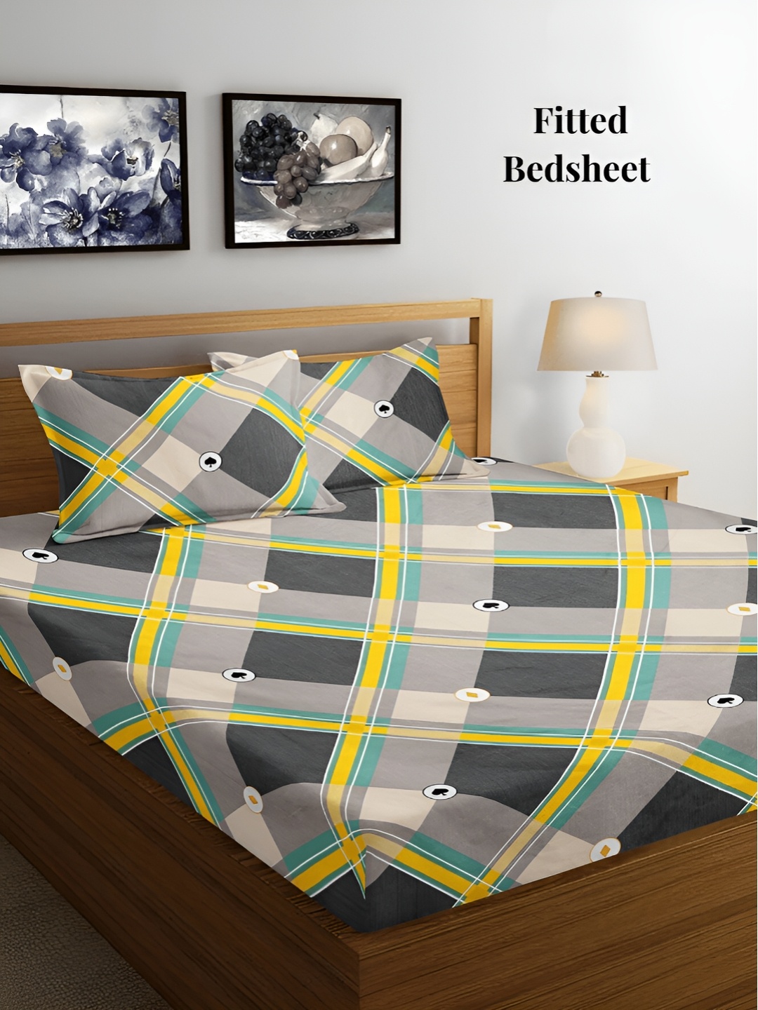 Arrabi Grey & Yellow Geometric 300 TC Fitted King Bedsheet with 2 Pillow Covers