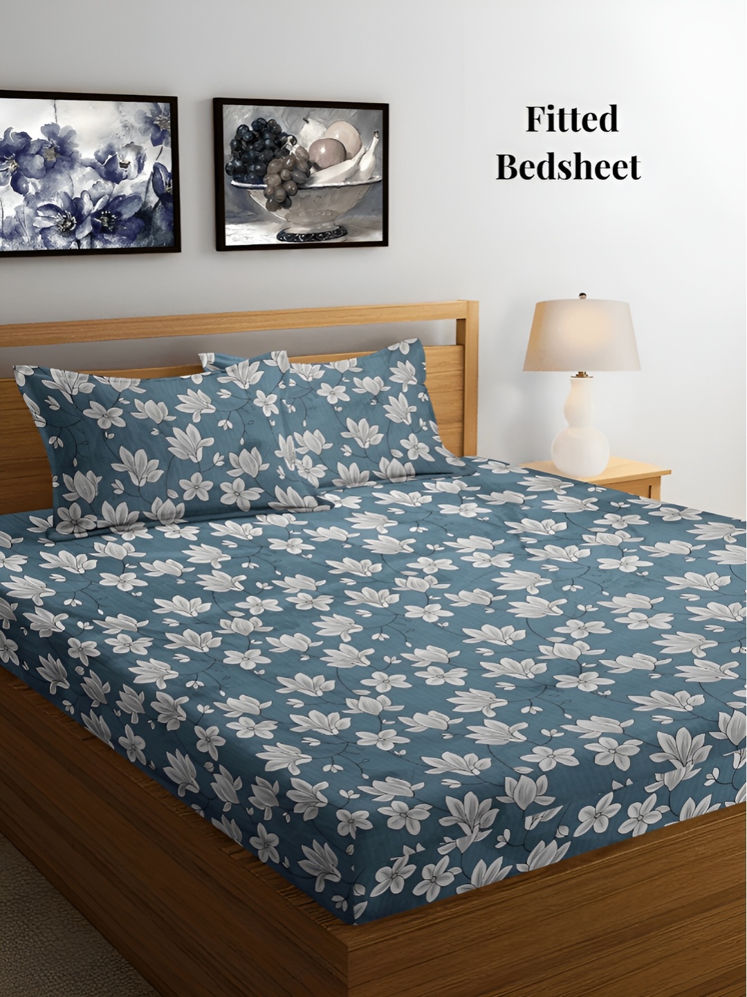 

Arrabi Blue & White Floral 300 TC Fitted King Bedsheet with 2 Pillow Covers