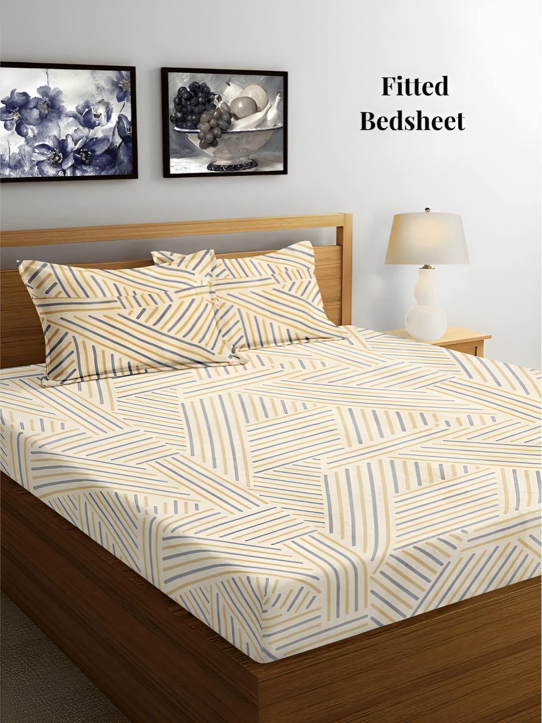 Arrabi Beige & Grey Geometric 300 TC Fitted King Bedsheet with 2 Pillow Covers