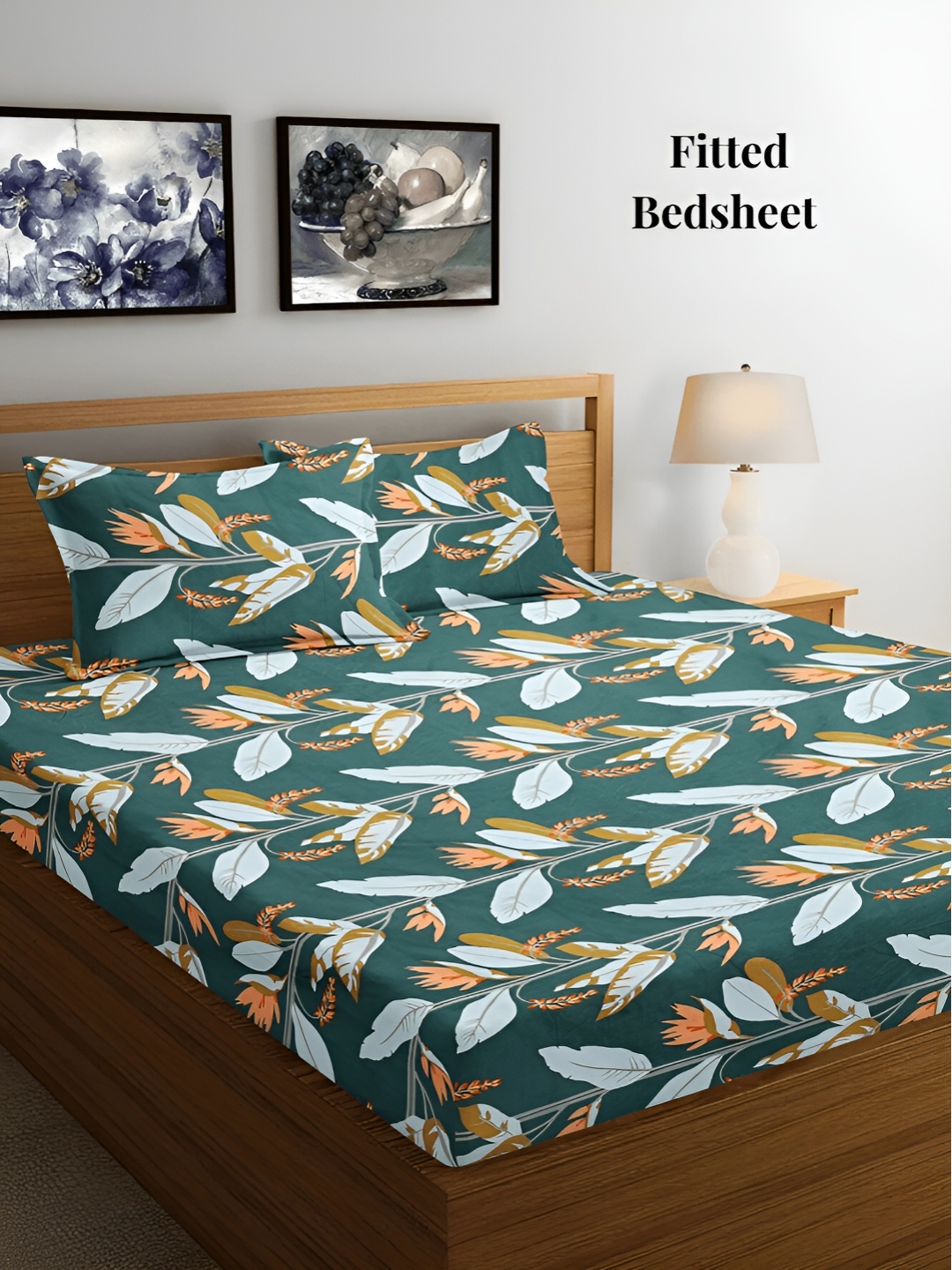 

Arrabi Green & Orange Floral 300 TC Fitted King Bedsheet with 2 Pillow Covers