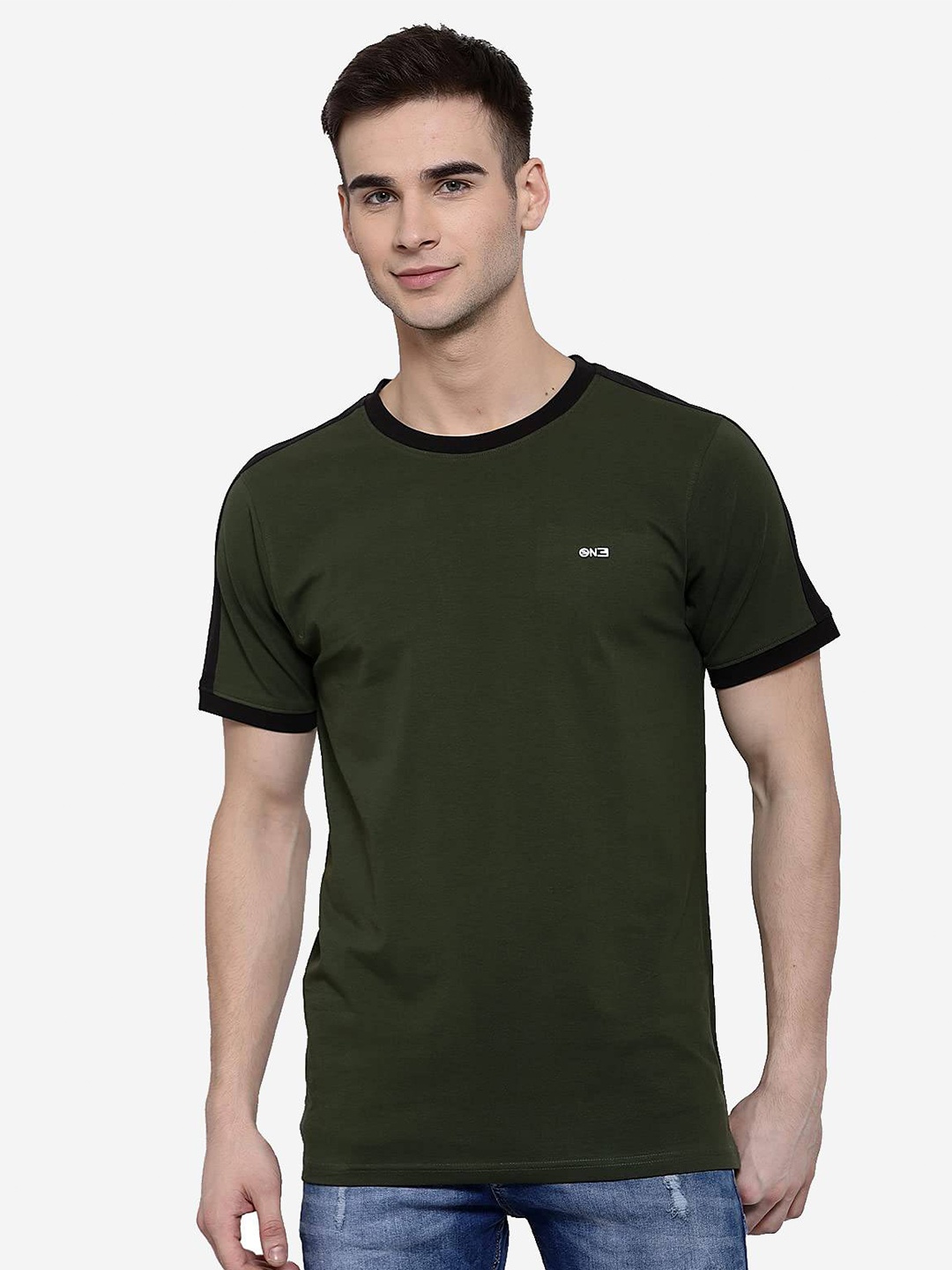 

513 Cotton Round Neck Short Sleeves Cut Outs Casual T-shirt, Green