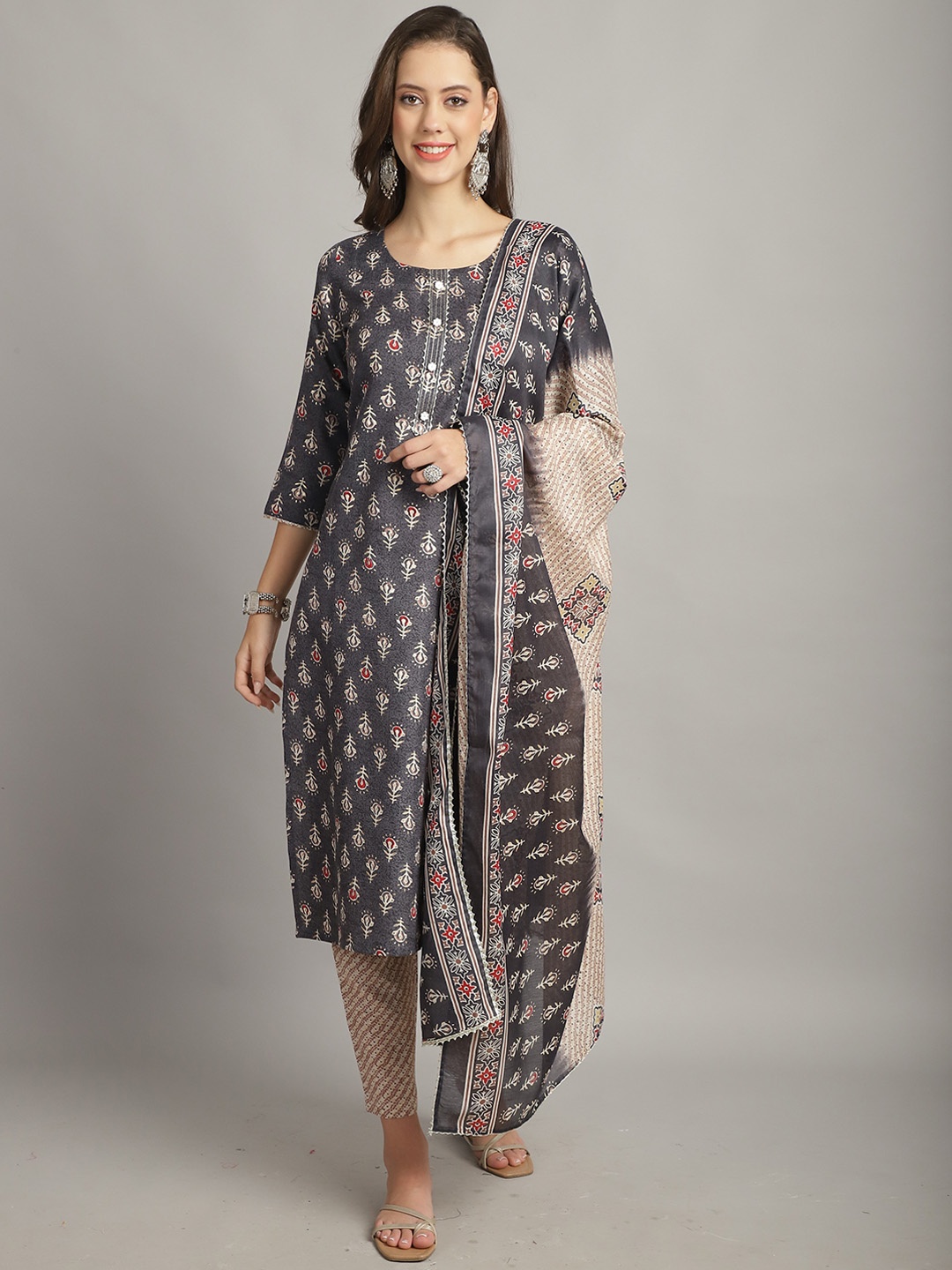 

Rajnandini Ethnic Motifs Printed Straight Kurta With Trousers & Dupatta, Grey