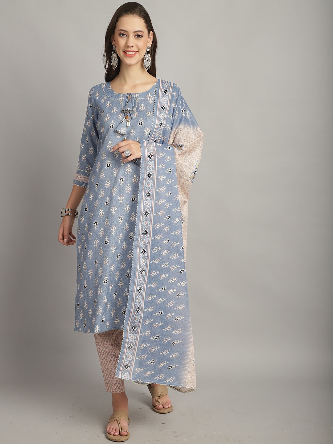 

Rajnandini Floral Printed Straight Kurta With Trousers & Dupatta, Blue