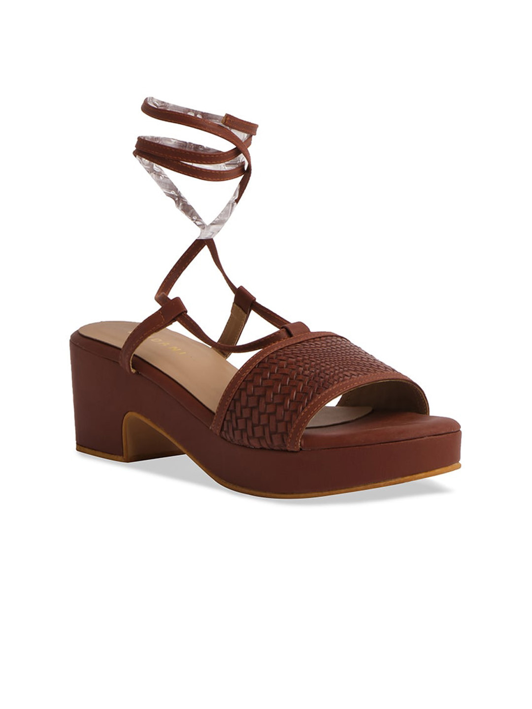 

ERIDANI Textured Open Toe Lace Up Block Heels, Brown