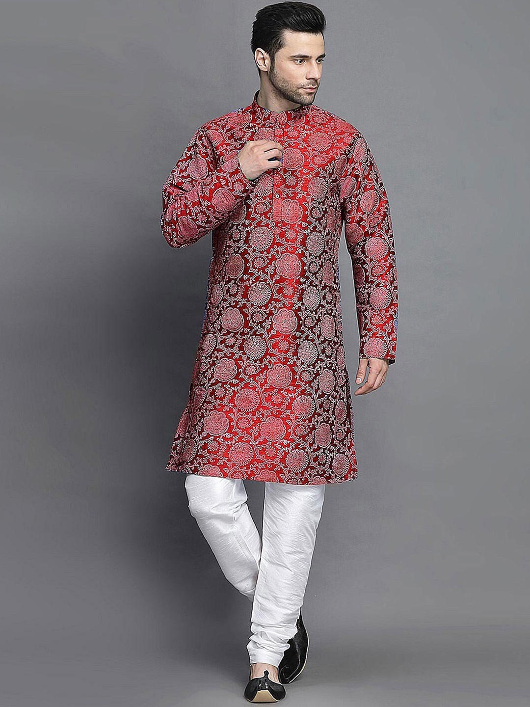 Utsav Fashion Woven Design Mandarin Collar Straight Kurta with Churidar, Maroon
