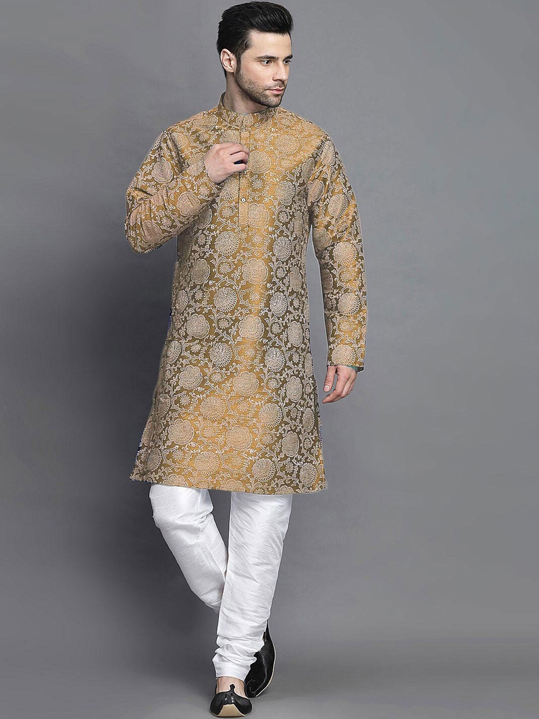 

Utsav Fashion Woven Design Mandarin Collar Straight Kurta with Churidar, Beige
