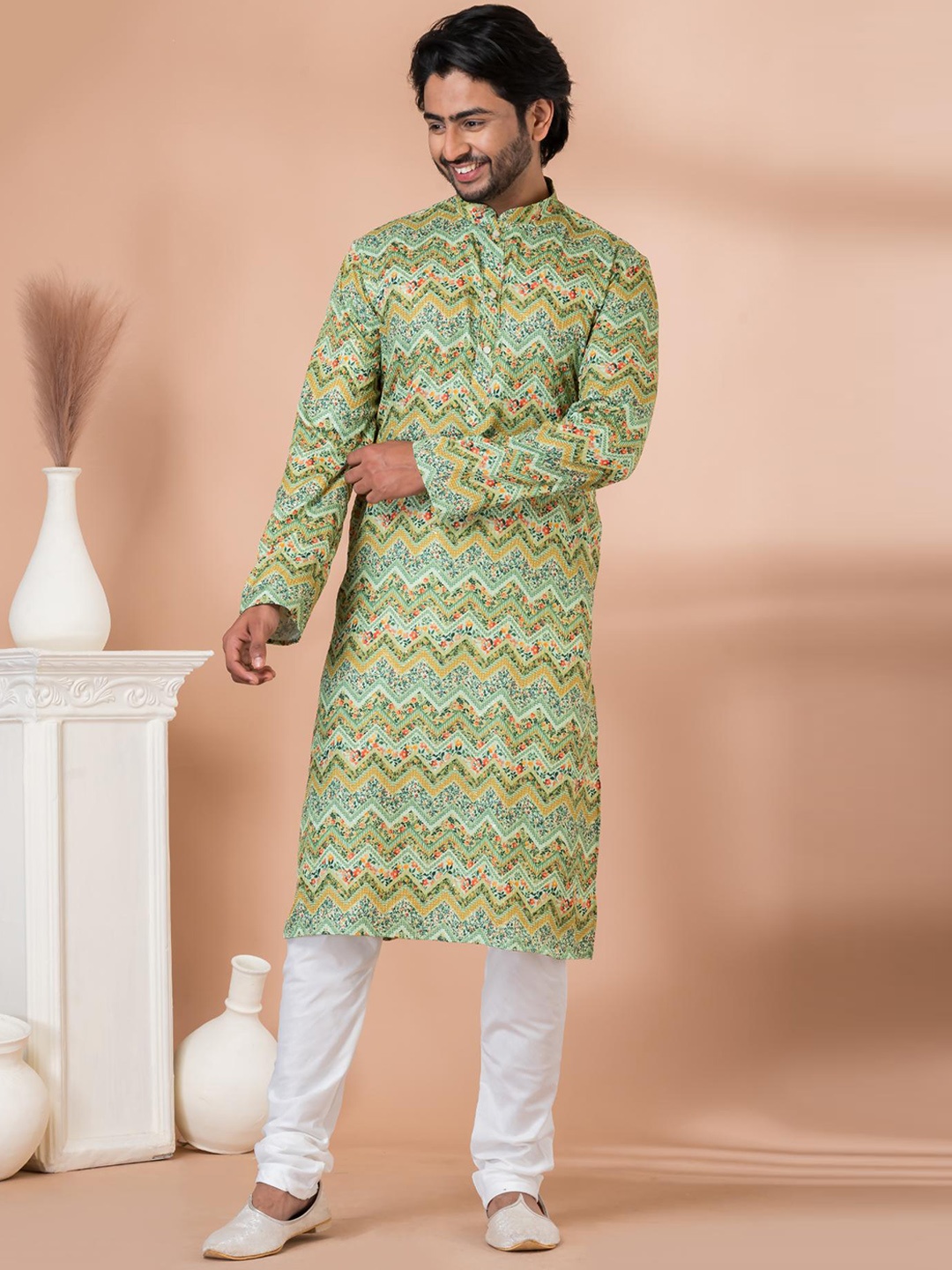 

ROOTED LIBAAS Ethnic Motifs Printed Straight Kurta with Pyjamas, Green