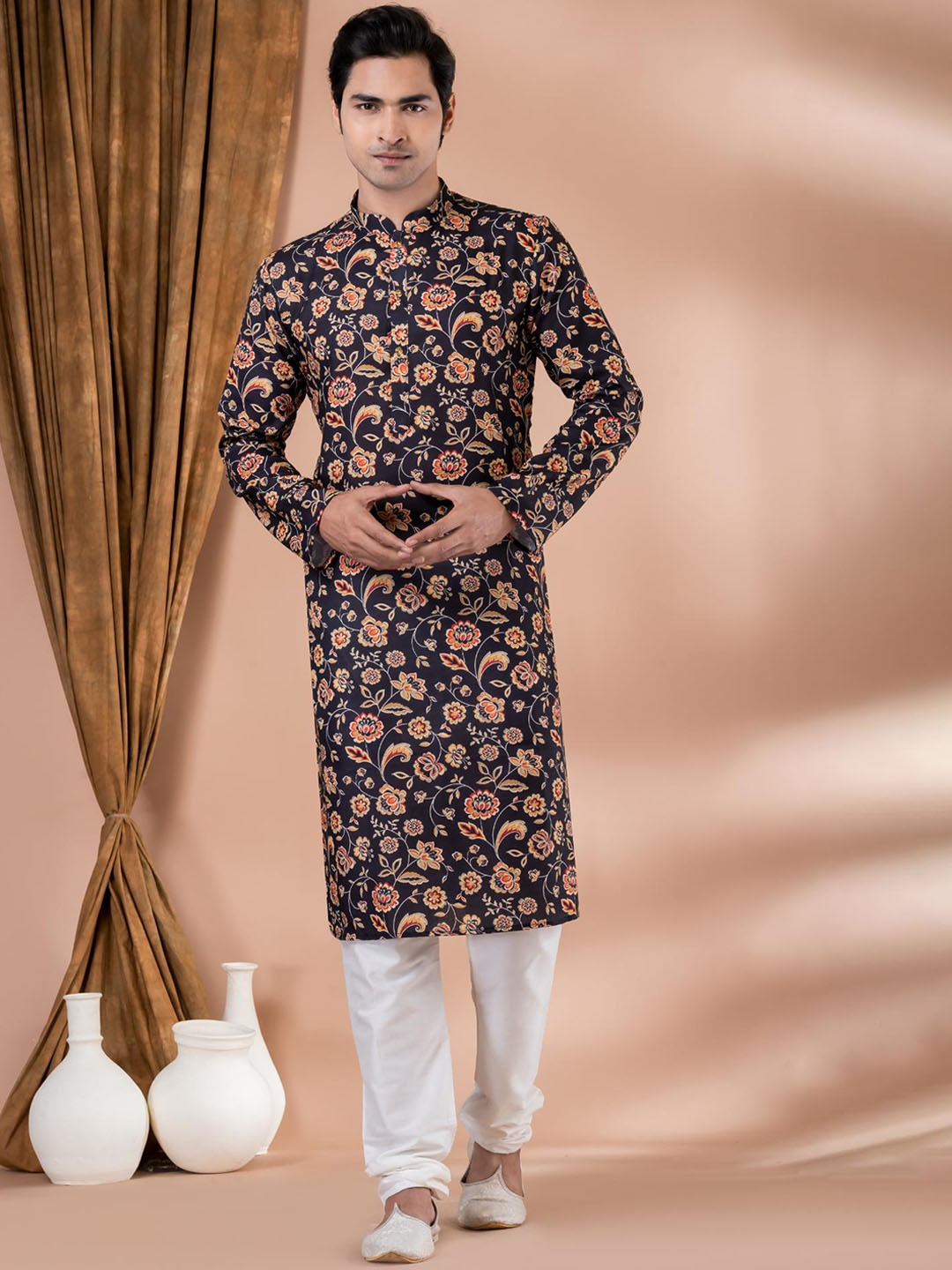 

ROOTED LIBAAS Floral Printed Straight Kurta with Pyjamas, Black