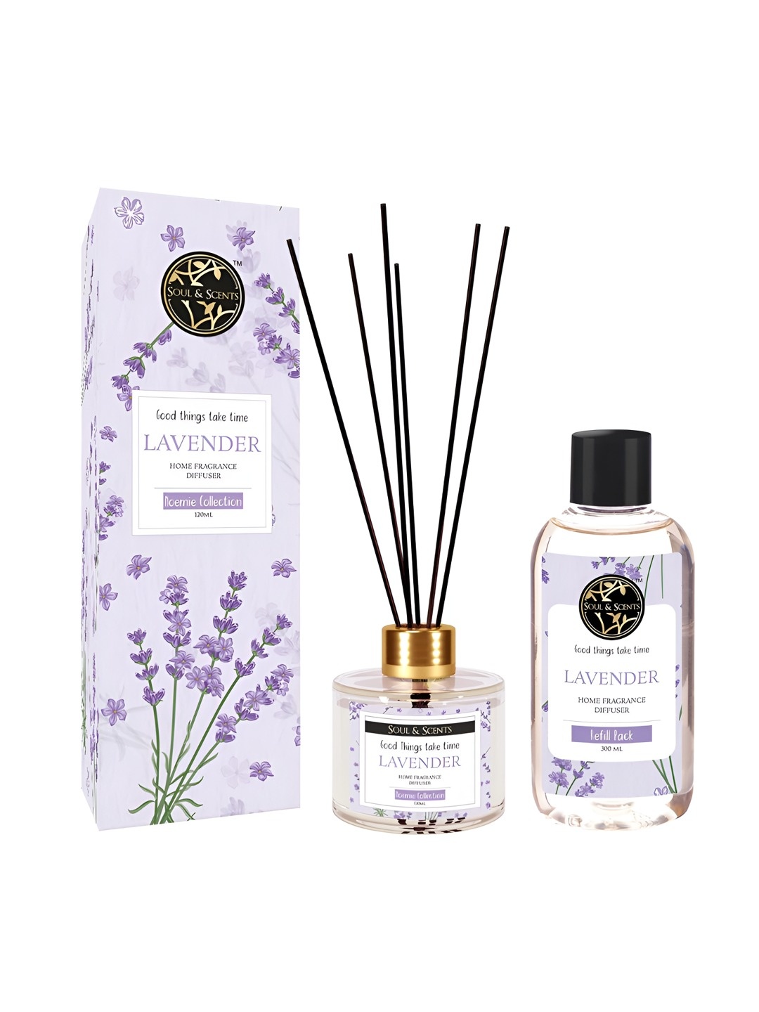 

SOUL & SCENTS Lavender Reed Diffuser & Refill Combo Set - 120ml & 300ml, Transparent