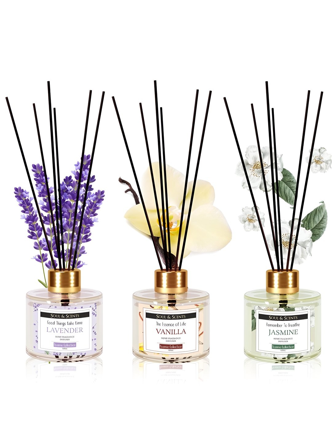 

SOUL & SCENTS 3 Pcs Transparent & White Lavender Vanilla & Jasmine Reed Diffuser Set