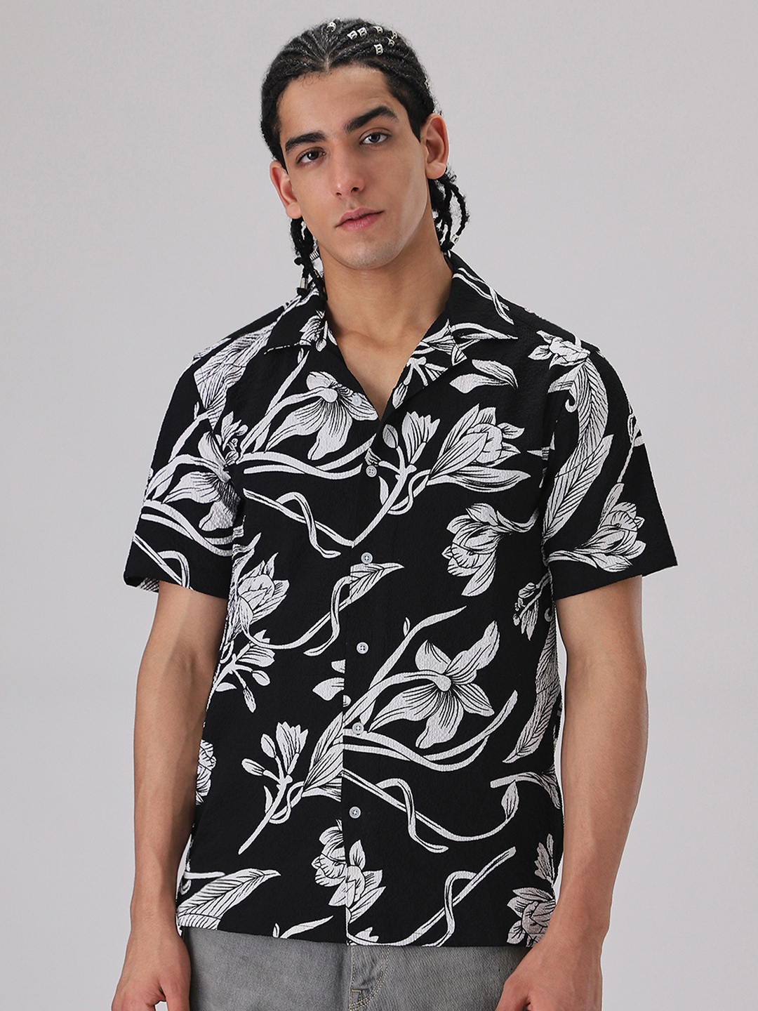 

Banana Club Classic Floral Printed Cotton Popcorn Shirt, Black