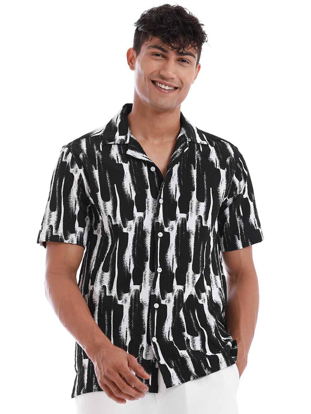 

Banana Club Classic Abstract Printed Cotton Popcorn Shirt, Black