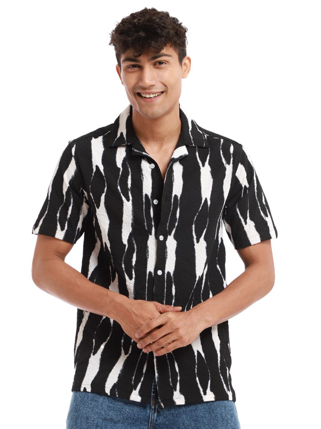 

Banana Club Men Classic Abstract Printed Cotton Popcorn Shirt, Black