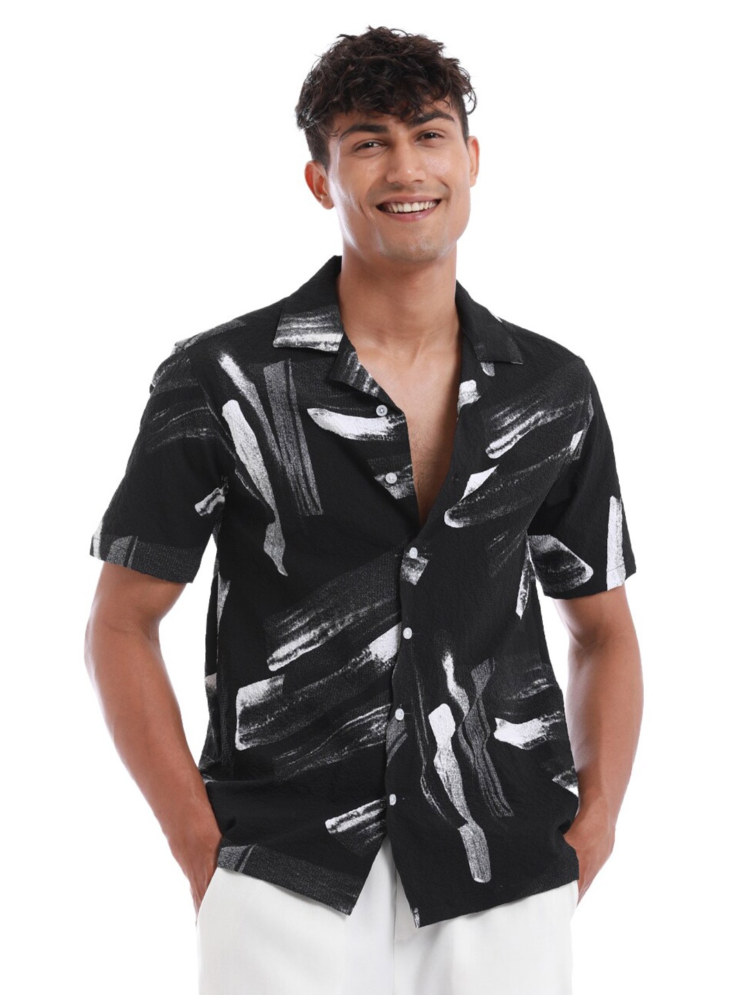 

Banana Club Classic Abstract Printed Cotton Popcorn Shirt, Black
