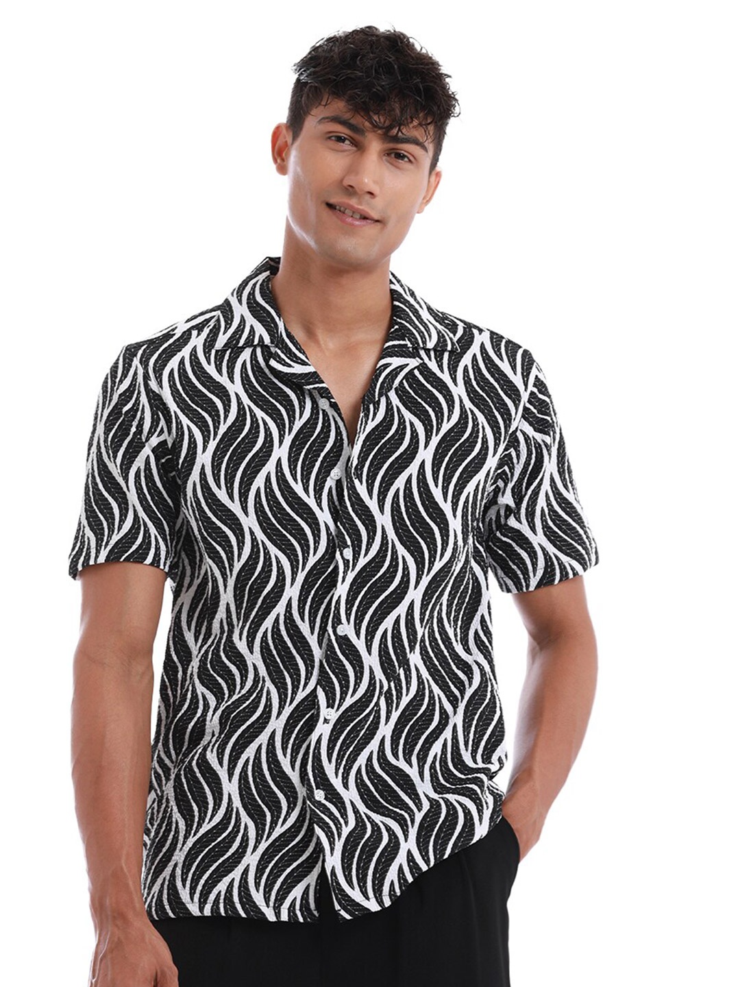 

Banana Club Men Classic Abstract Printed Cotton Popcorn Shirt, Black