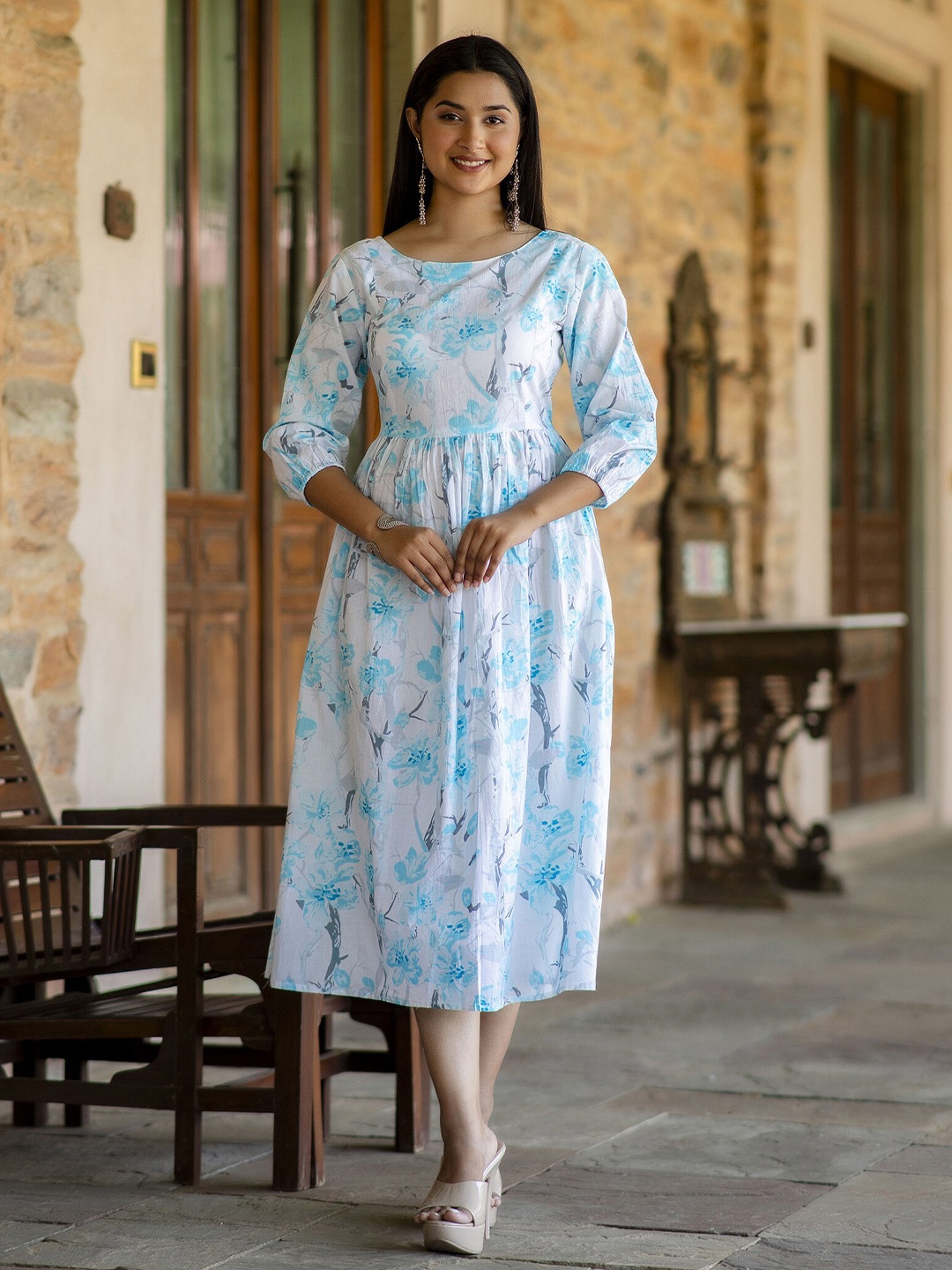 

Nayo Round Neck Floral Print A-Line Cotton Midi Dress, Off white