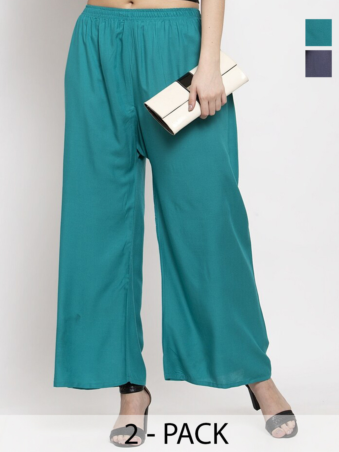 

Miaz Lifestyle Pack Of 2 Chambray Cotton Wide Leg Palazzos, Green