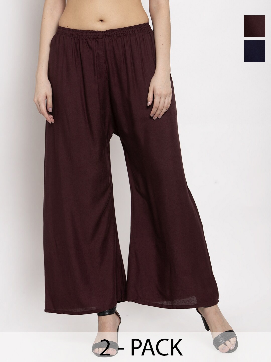 

Miaz Lifestyle Pack Of 2 Chambray Cotton Wide Leg Palazzos, Brown