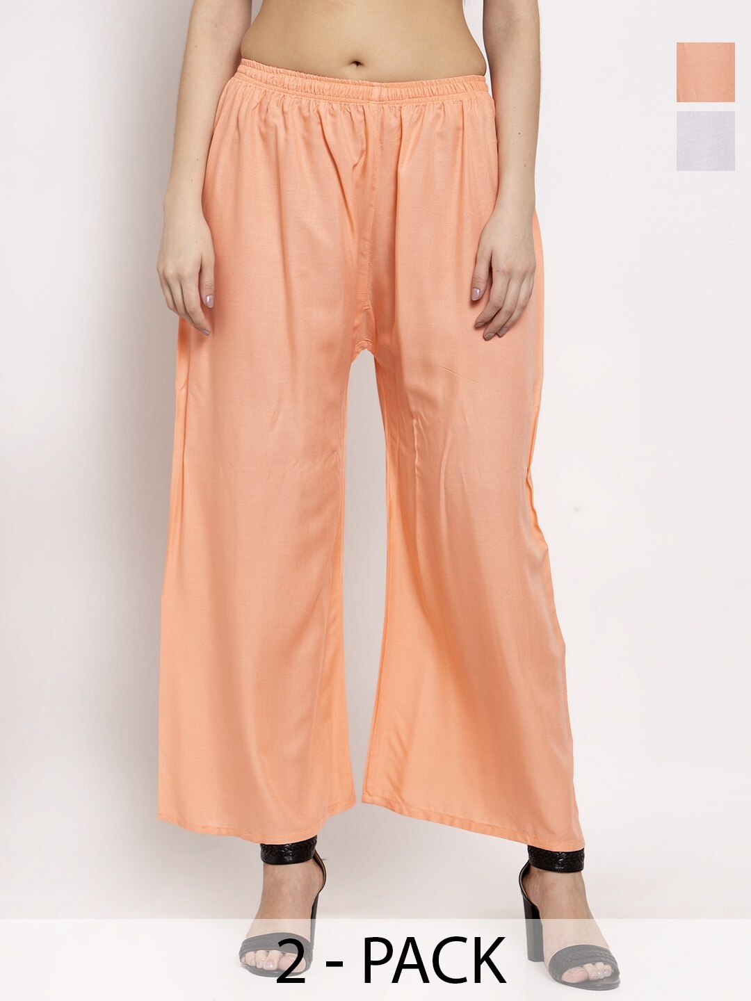 

Miaz Lifestyle Pack Of 2 Chambray Cotton Wide Leg Palazzos, Peach