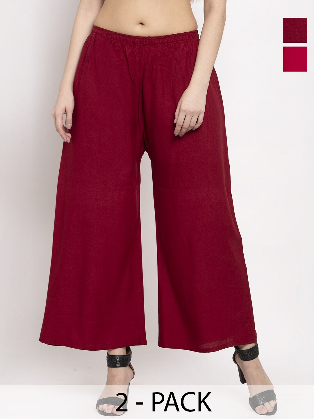 

Miaz Lifestyle Pack Of 2 Chambray Cotton Wide Leg Palazzos, Maroon