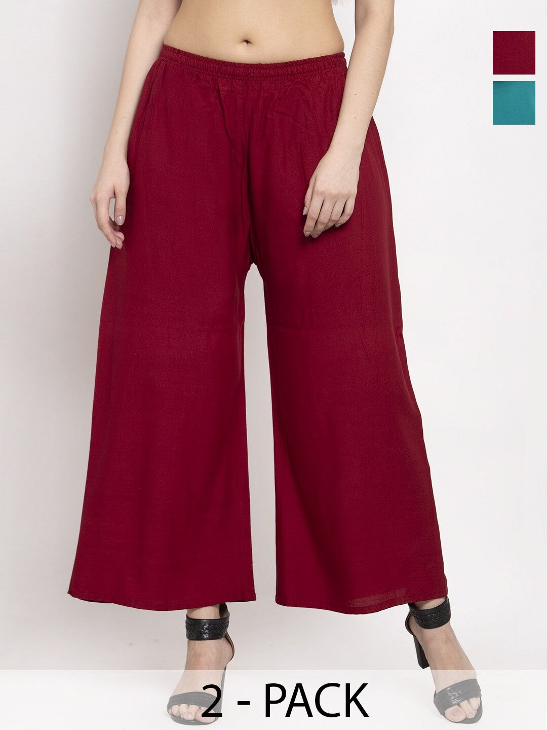 

Miaz Lifestyle Pack Of 2 Chambray Cotton Wide Leg Palazzos, Maroon