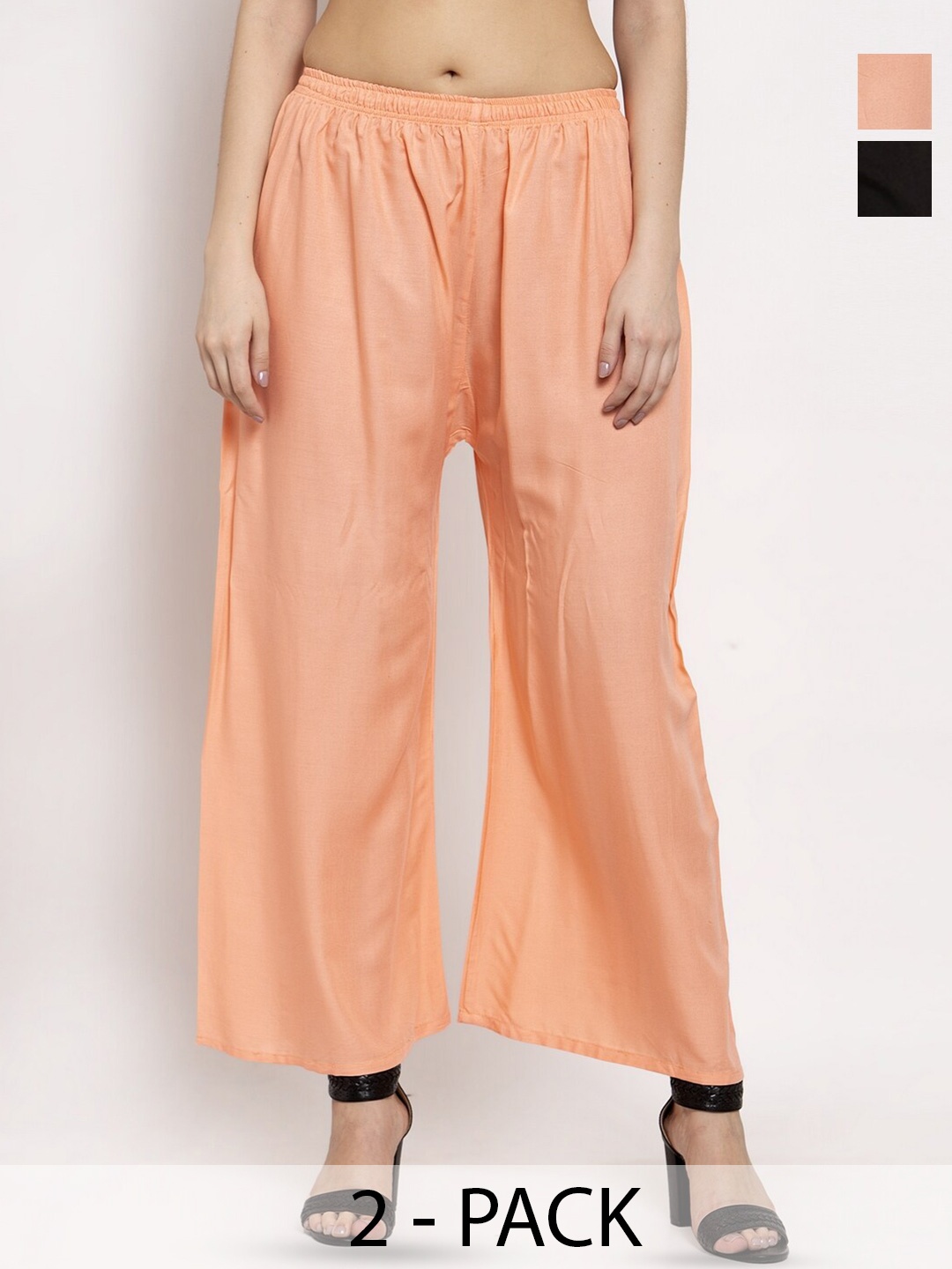 

Miaz Lifestyle Pack Of 2 Chambray Cotton Wide Leg Palazzos, Peach