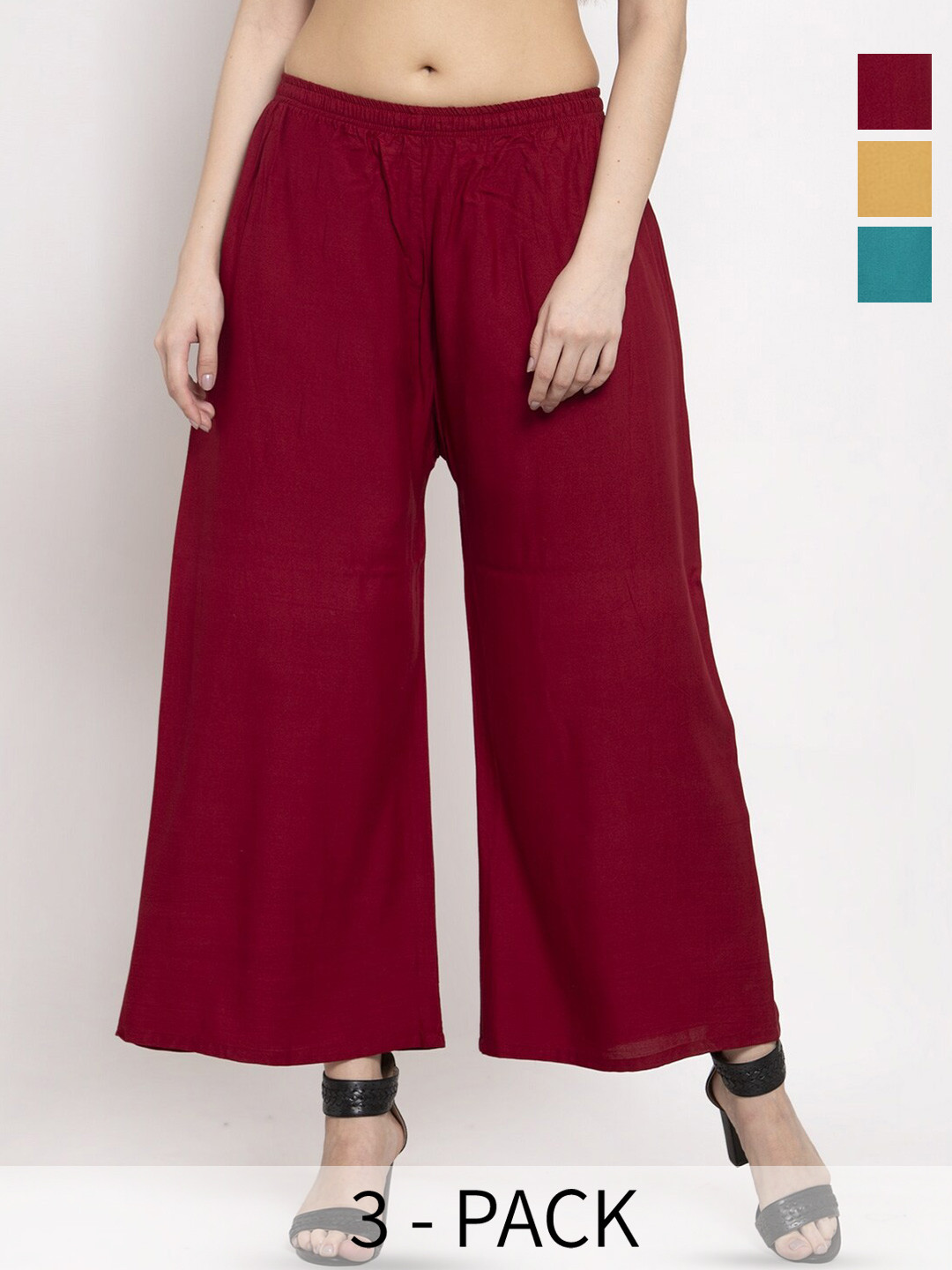 

Miaz Lifestyle Pack Of 3 Chambray Cotton Wide Leg Palazzos, Beige
