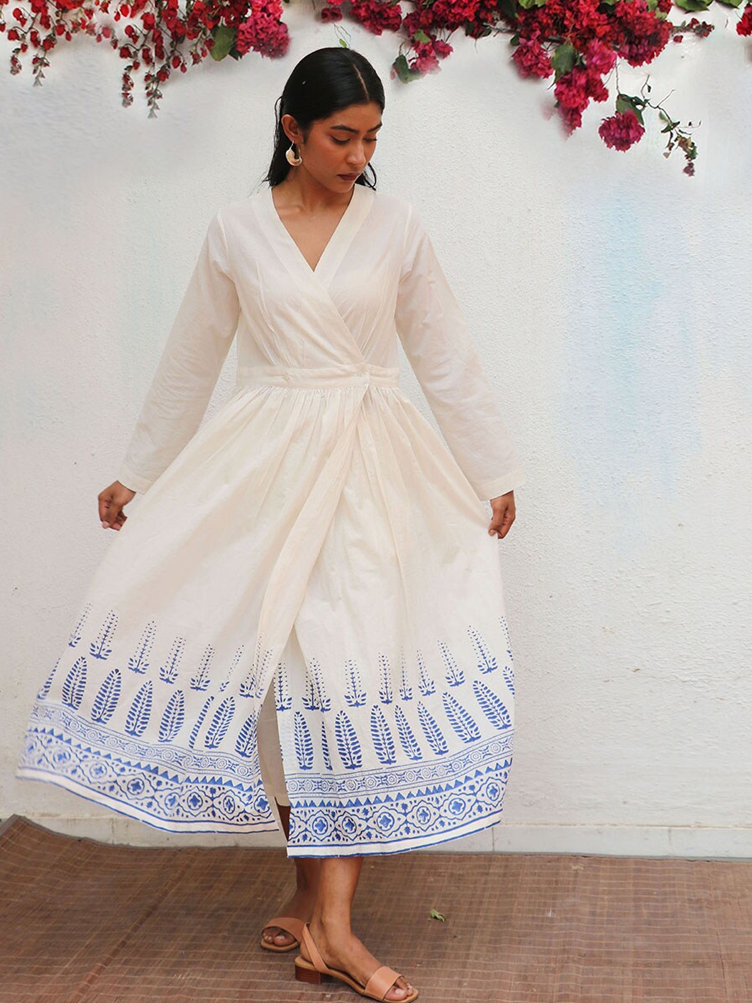 

Chidiyaa Floral Printed Cotton Wrap Midi Dress, Off white