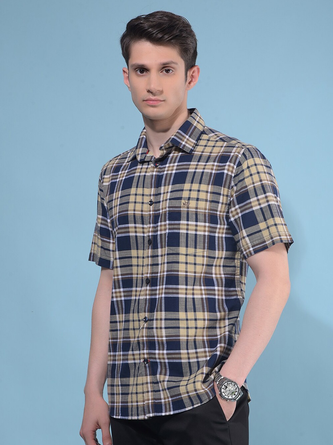 

Crimsoune Club Classic Slim Fit Tartan Checks Cotton Checked Casual Shirt, Brown
