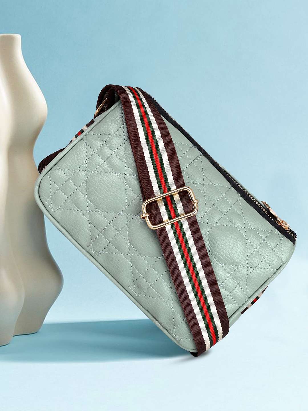 

OsaiZ Colourblocked Quilted Structured Sling Bag, Sea green