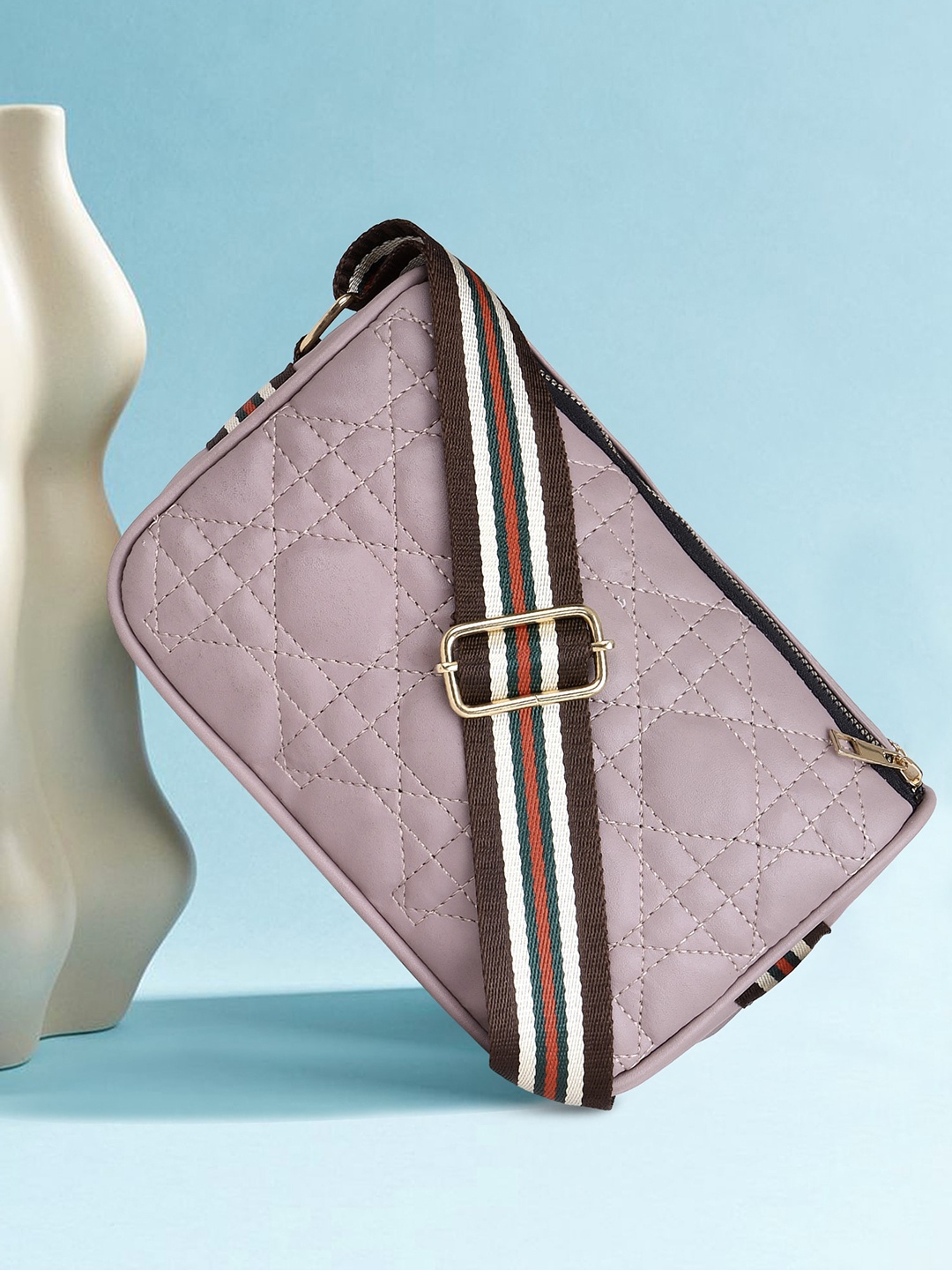 

OsaiZ Textured Quilted Structured Sling Bag, Pink