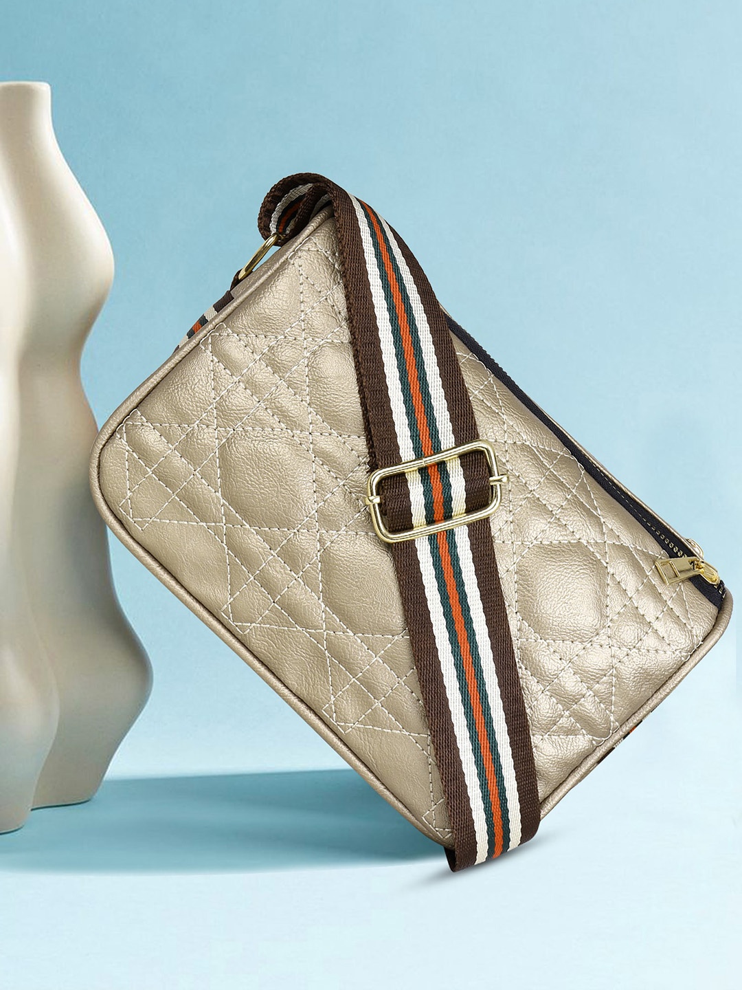 

OsaiZ Textured Structured Sling Bag with Quilted, Gold