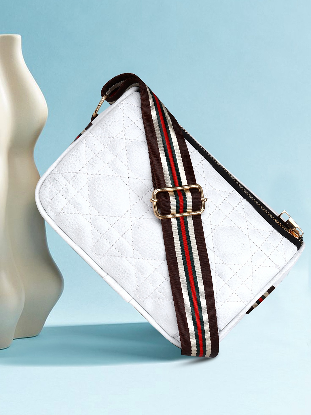 

OsaiZ Textured Structured Sling Bag with Quilted, White