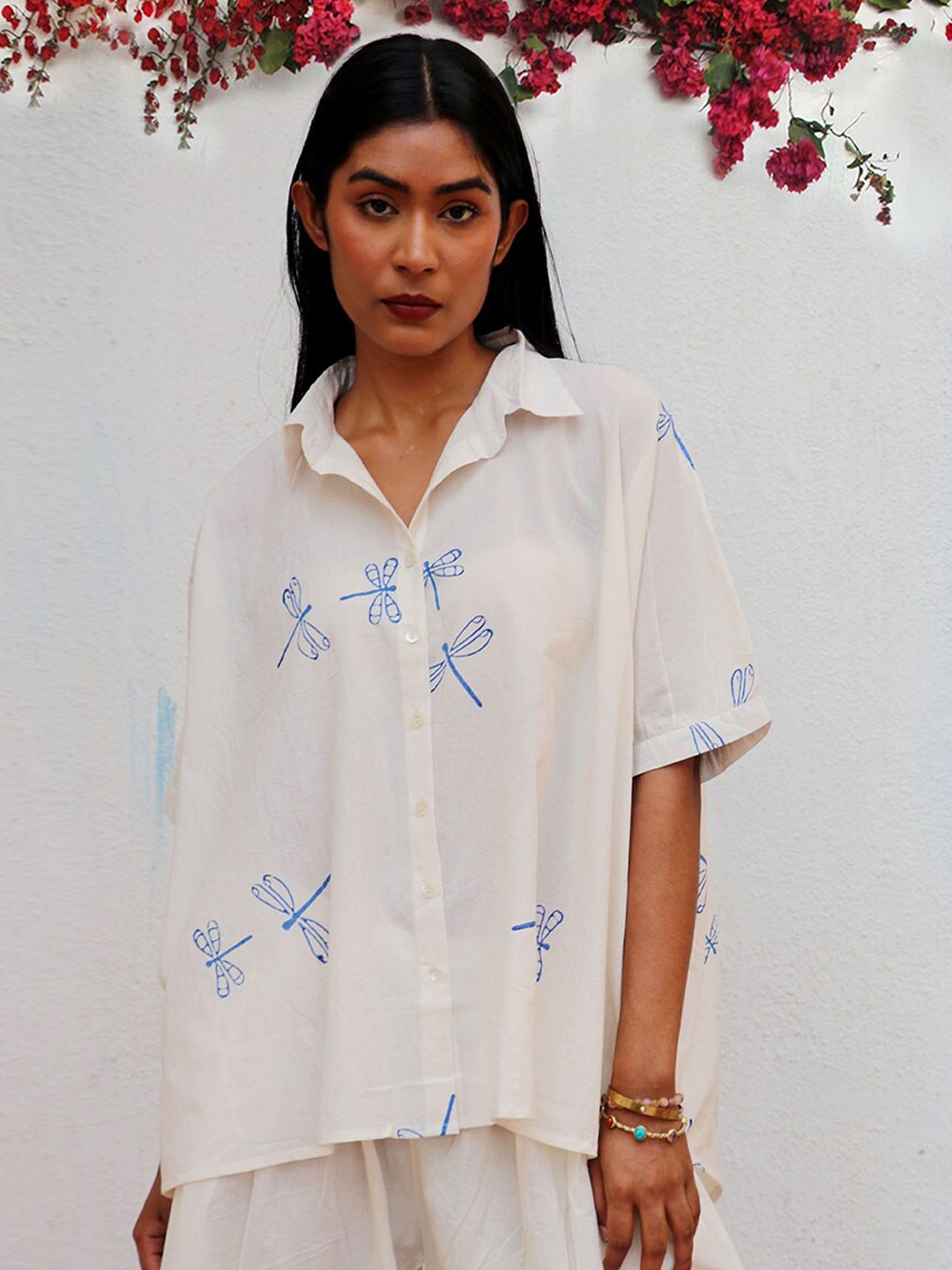 

Chidiyaa Litha Floral Printed Cotton Shirt Style Top, Off white
