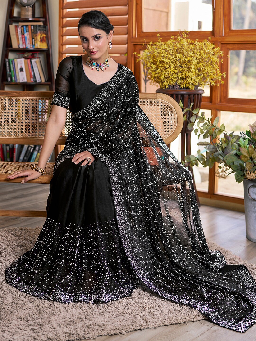 

Satrani Embellished Beads and Stones Saree, Black