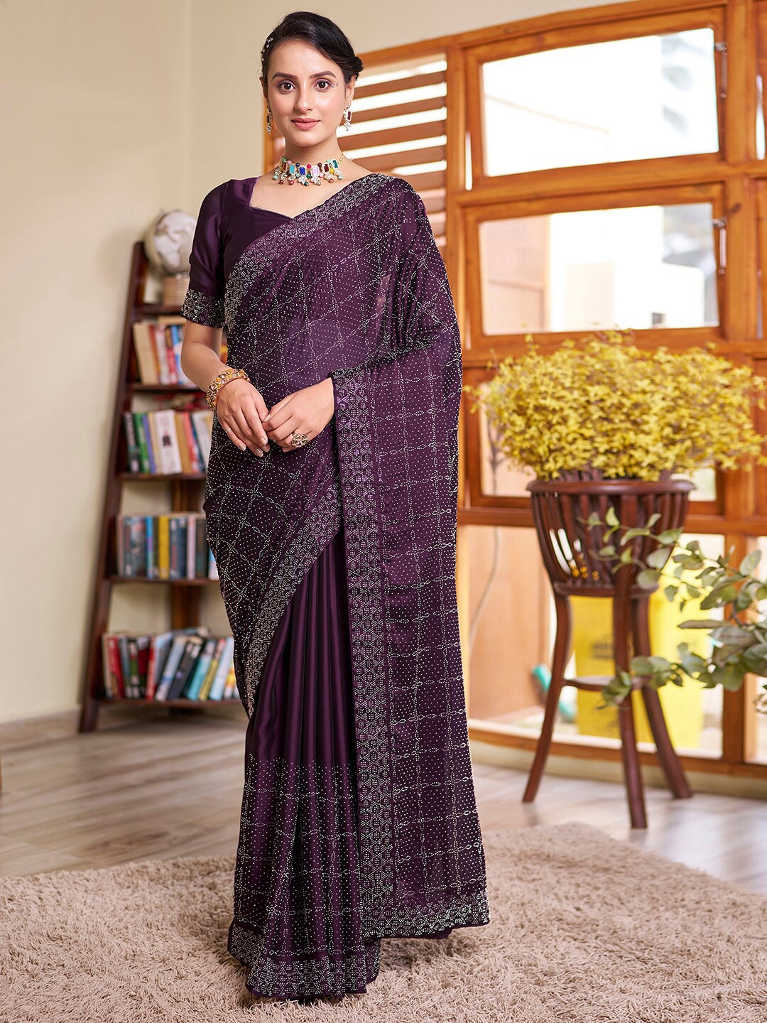 

Satrani Checked Beads & Stones Saree, Purple