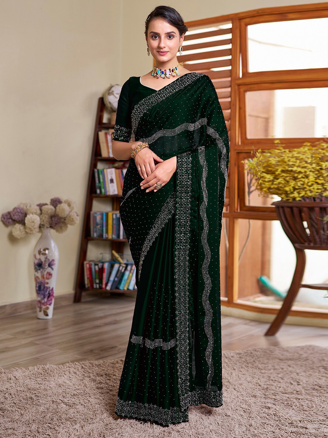 

Satrani Embellished Beads and Stones Saree, Green