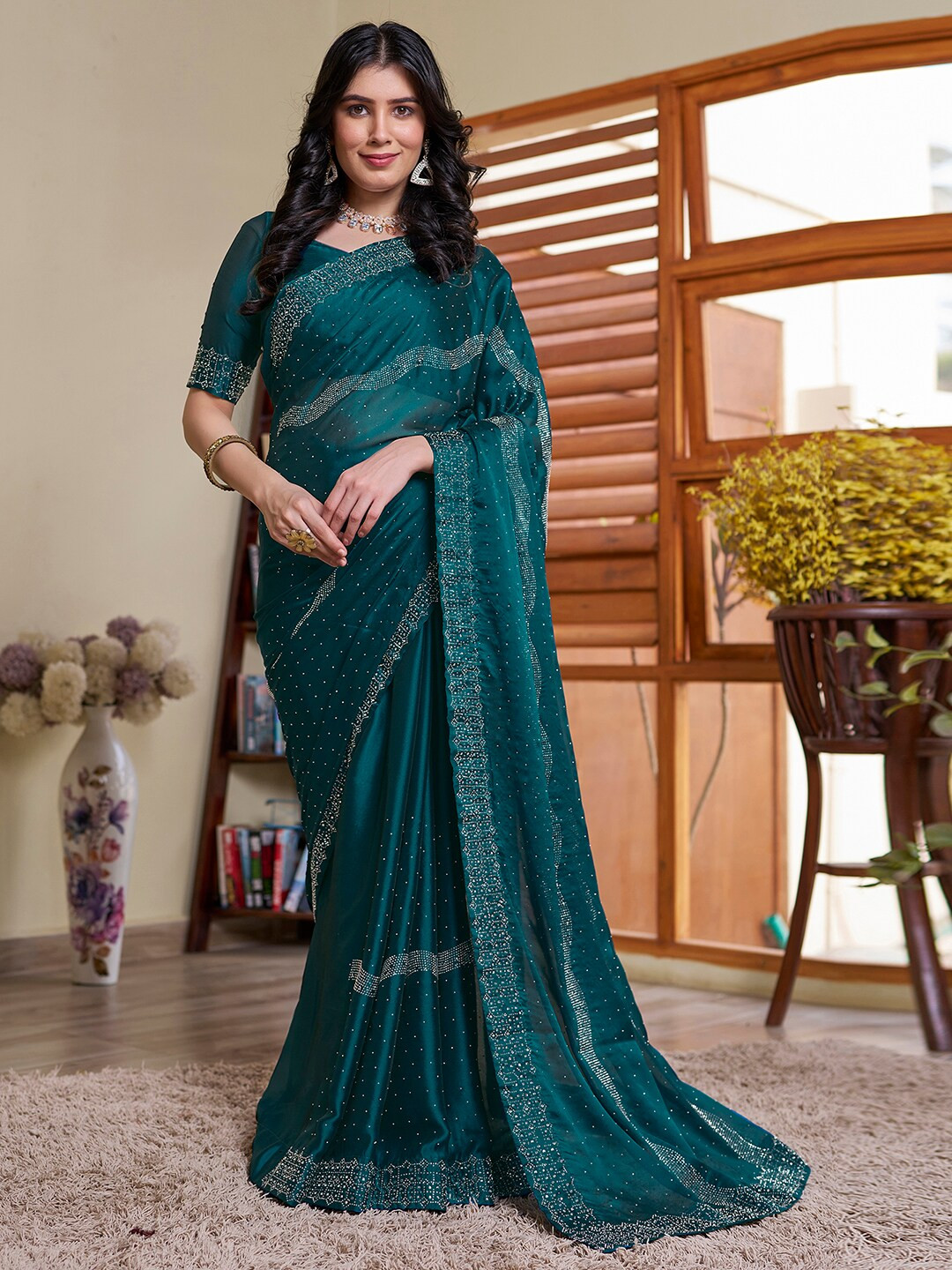 

Satrani Embellished Beads and Stones Saree, Teal