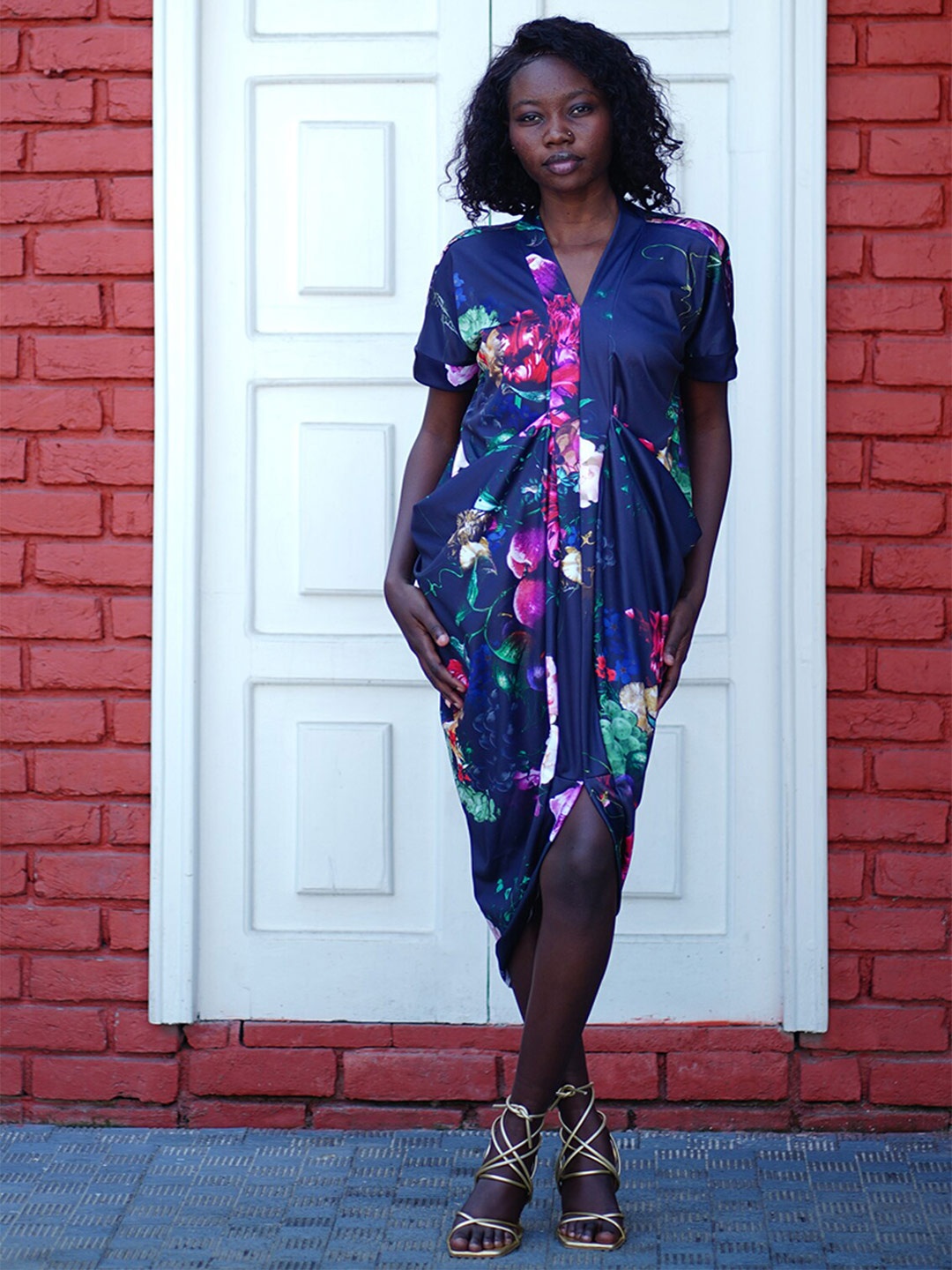 

Rajoria Instyle Abstract Print V-Neck Kimono Sleeves A-Line Casual Dress, Navy blue