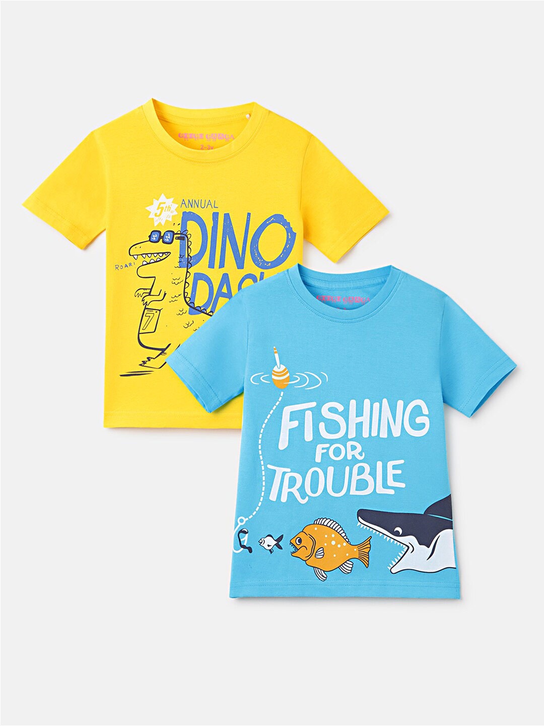 

Googo Gaaga Boys Pack Of 2 Typography Printed Short Sleeves Round Neck Cotton T-shirt, Yellow