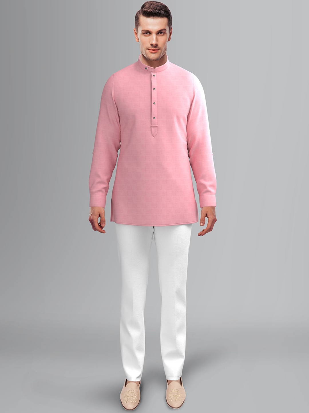 

TheEthnic.Co Band Collar Roll Up Sleeves Cotton Straight Kurta, Pink
