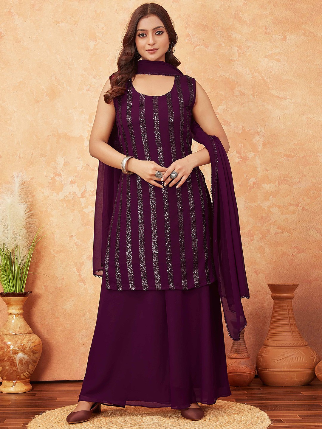 

CHANSI Embroidered Regular Round Neck Straight Kurta With Palazzos & Dupatta, Burgundy