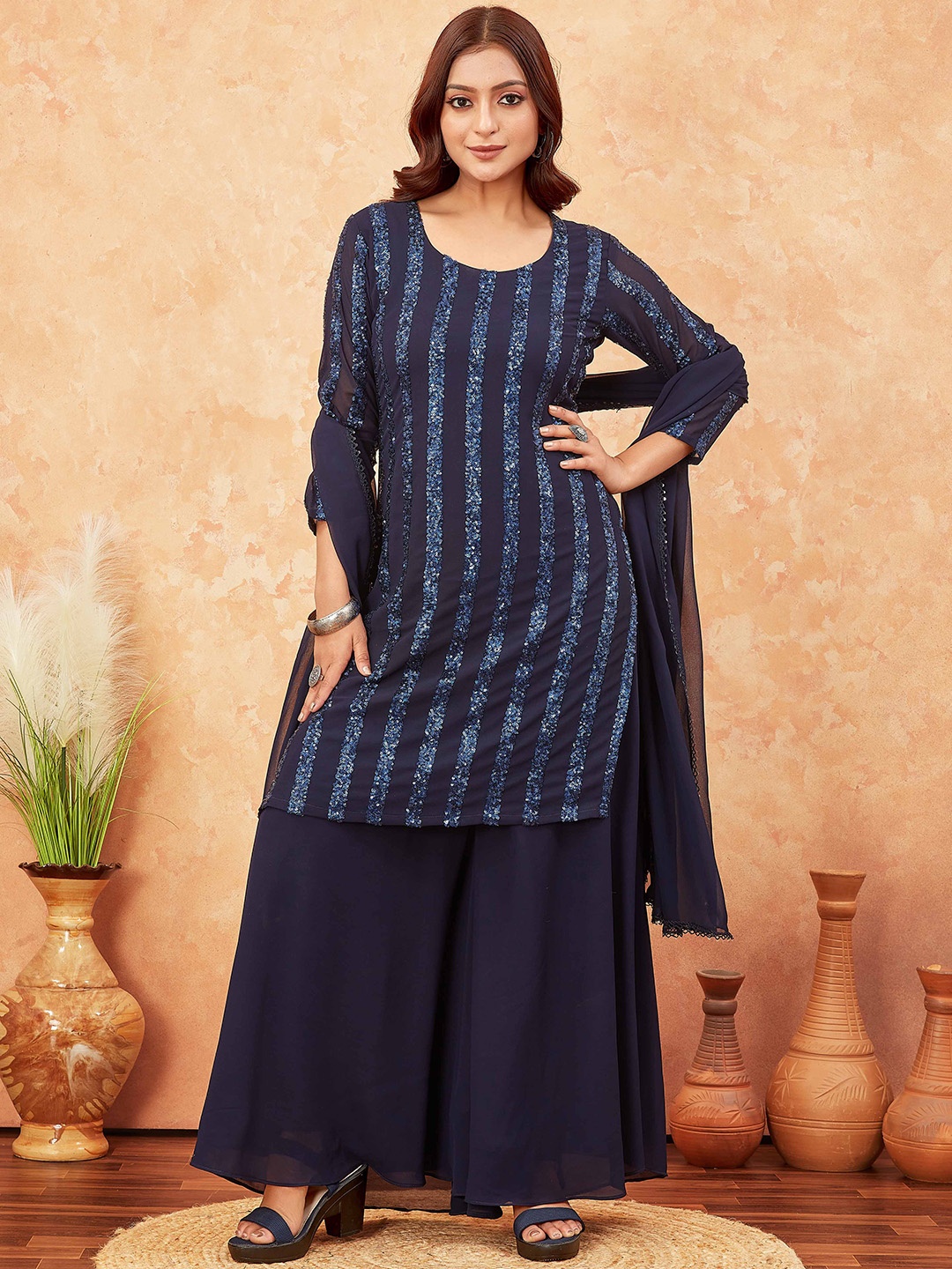 

CHANSI Floral Embroidered Sequinned Straight Kurta with Palazzos & Dupatta, Navy blue