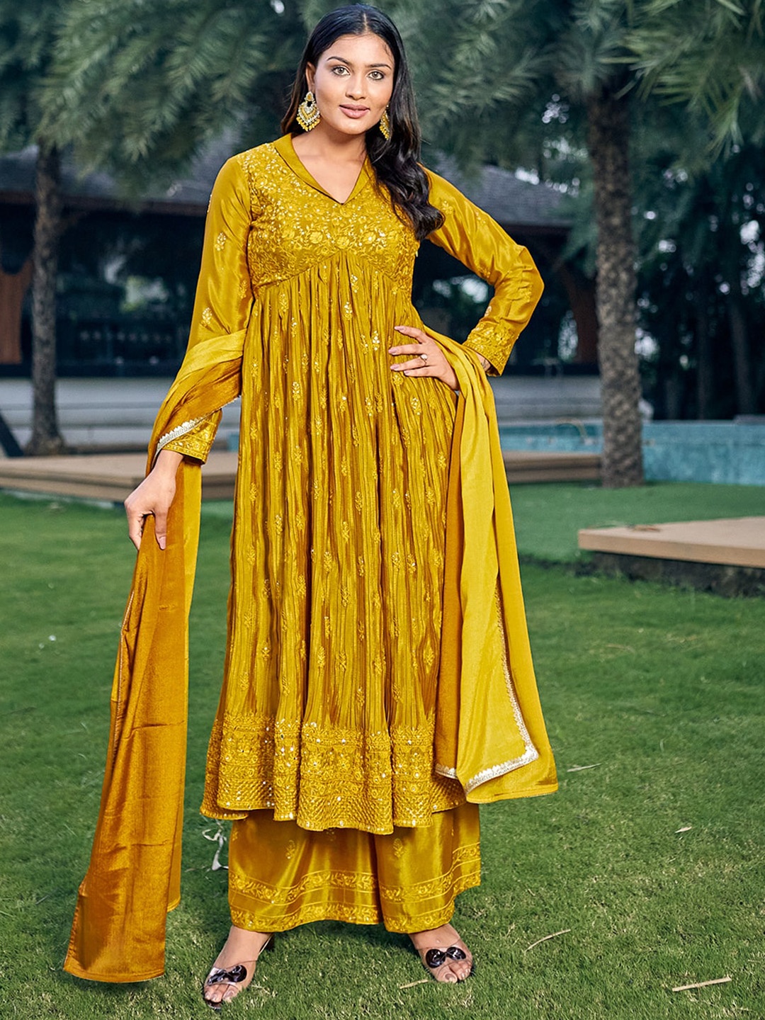 

CHANSI Floral Embroidered Empire Anarkali Kurta With Palazzos & Dupatta, Mustard
